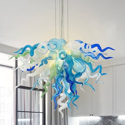Murano Handmade Blown Glass Chandelier Blue Turquoise Clear White Light D28XH20''