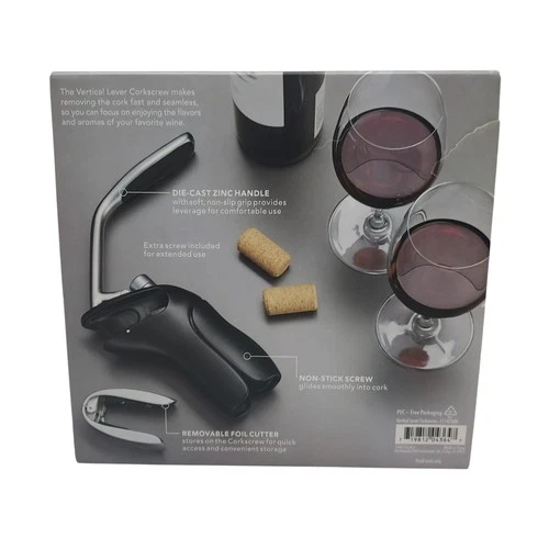 OXO Steel Vertical Lever Corkscrew Black Silver Box Wine Opener No Foil Cutter