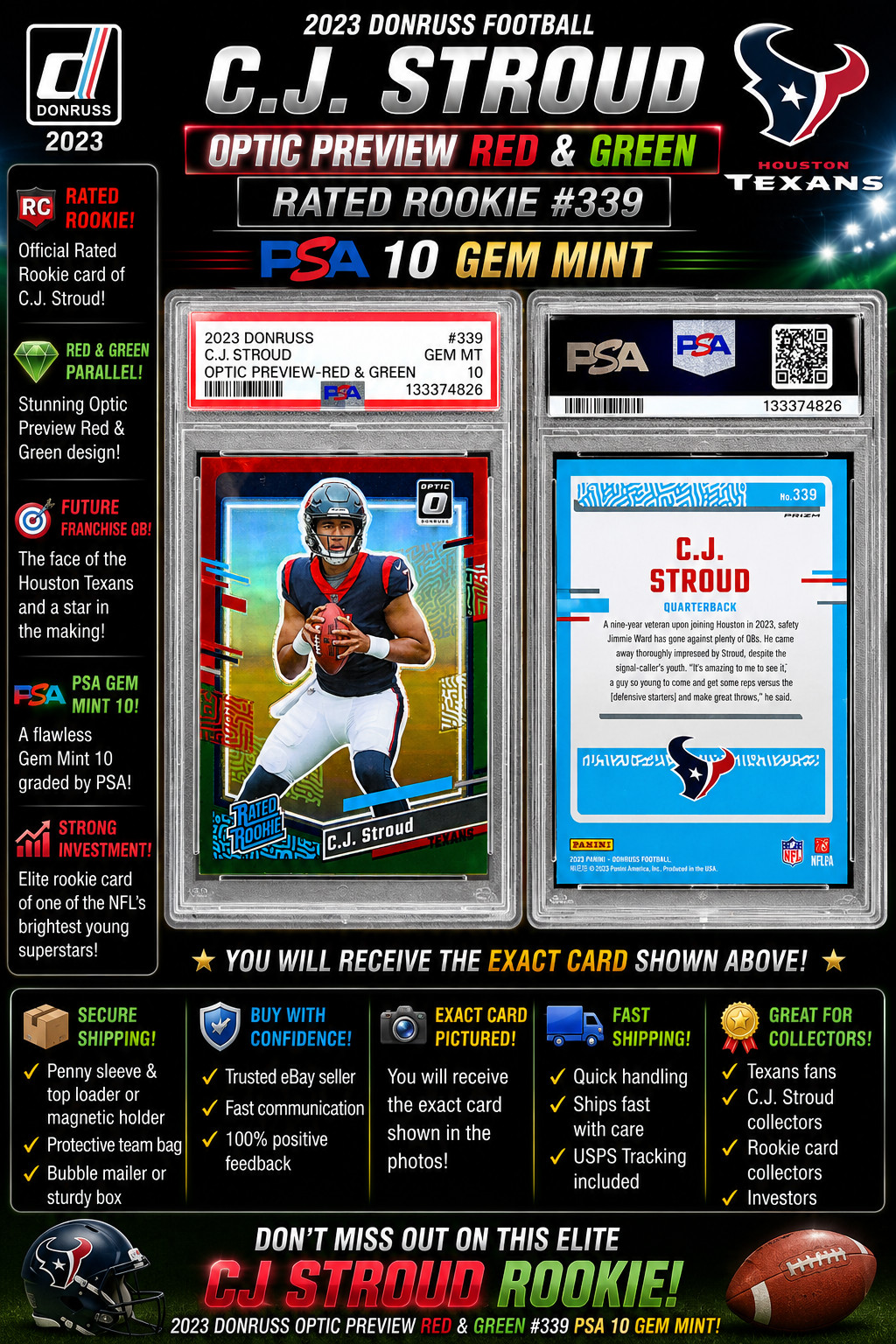 🏈✨PSA 10 GEM MT 💎 2023 Donruss Optic Preview CJ STROUD (RC) Red Green Prizm✨🏈 view 3