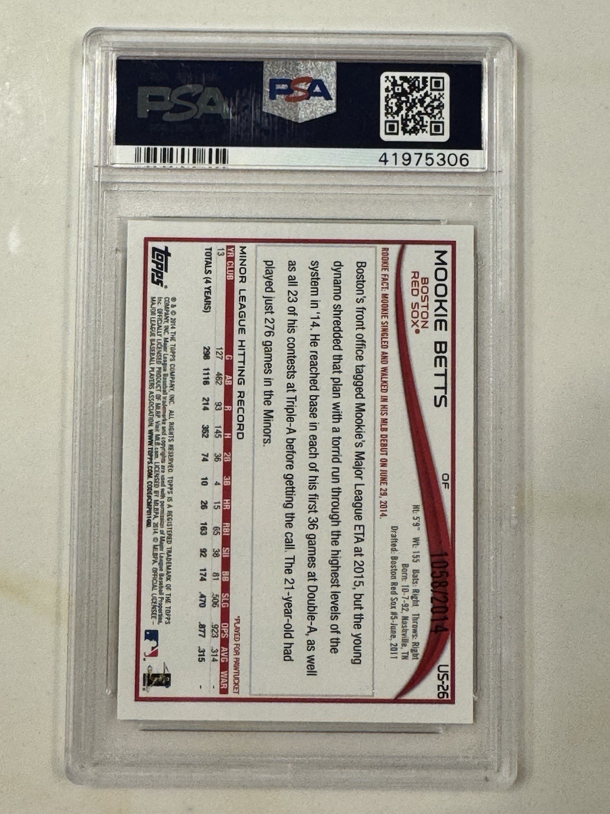 2014 Topps Update #US26 Mookie Betts RC Gold /2014 Boston PSA 10 view 4