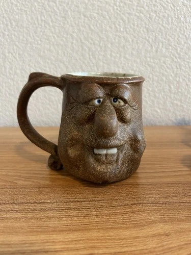 Handmade Ugly Face Mug Studio Pottery Cup Teeth Signed Speckled Glaze
