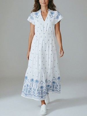 Calypso St Barth Women's Embroidery V-Neck Maxi Dress White Blue Size S