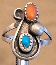 Native American Sterling Silver Turquoise Coral Handmade Vintage Ring size 7