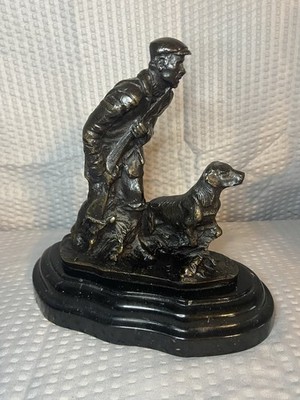 Vintage French Pierre-Jules Mene Signed Bronze Atop Marble Hunter And Dog Statue