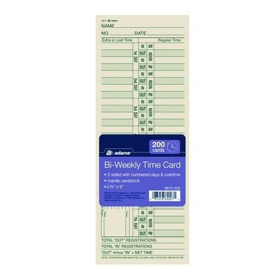 Adams Time Cards, Amano & Lathem Time Clocks, 2-Sides, Bi-Weekly, 3.38x9, 200/PK