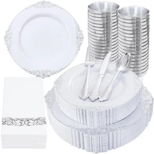 350PCS Silver Plastic Dinnerware - White and Silver Disposable Plates for 50 ...