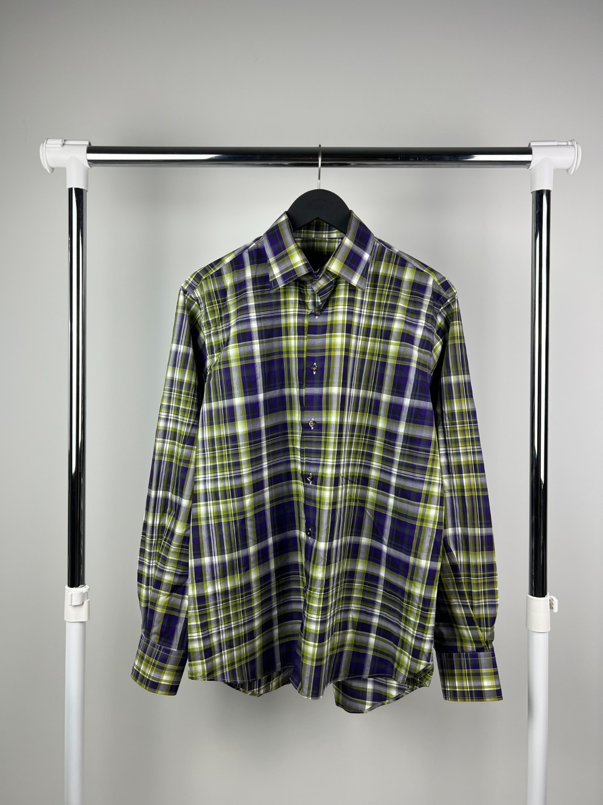 Etro Men’s 41 Dress Shirt Plaid Purple Green 100% Cotton Made In Italy Button Up