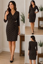 Charter Club Womens Medium Faux Wrap Dress Black Gold Chain Print 3/4 Sleeve
