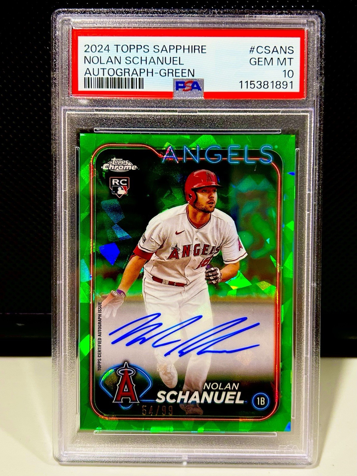 2024 Topps Chrome Sapphire Nolan Schanuel RC Auto Green Refractor /99 PSA 10
