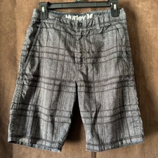 Hurley Plaid Cargo Shorts boys Size 10-12 L Grey Herringbone Pocket Button Fly