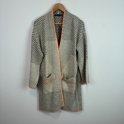 Maxsport Cardigan Sweater Womens Small Open Front beige black stripe orange trim