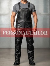 Men's Black Leather Dungaree Jumpsuit Overall Bib Utility Motor Biker Uniform