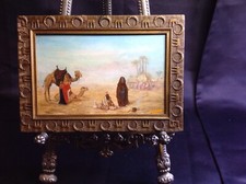tableau peinture à l'huile SCENE ORIENTALE DROMADAIRE NOMADES DESERT CADRE XXEME