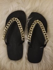 Bnib Jacky Luxury Black Gold Chain Flip Flop Sandals Slippers Uk 4 Eu 37 UK 5 ?