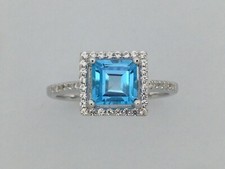 Natural Blue Topaz with White Sapphire Ring 925 Sterling Silver