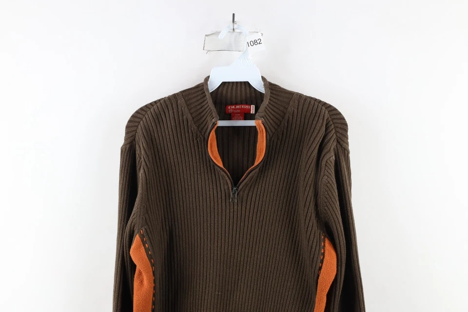 Vintage 90s Guess Mens Medium Faded Chunky Ribbed Knit Half Zip Pullover Sweater - Image 2 of 4