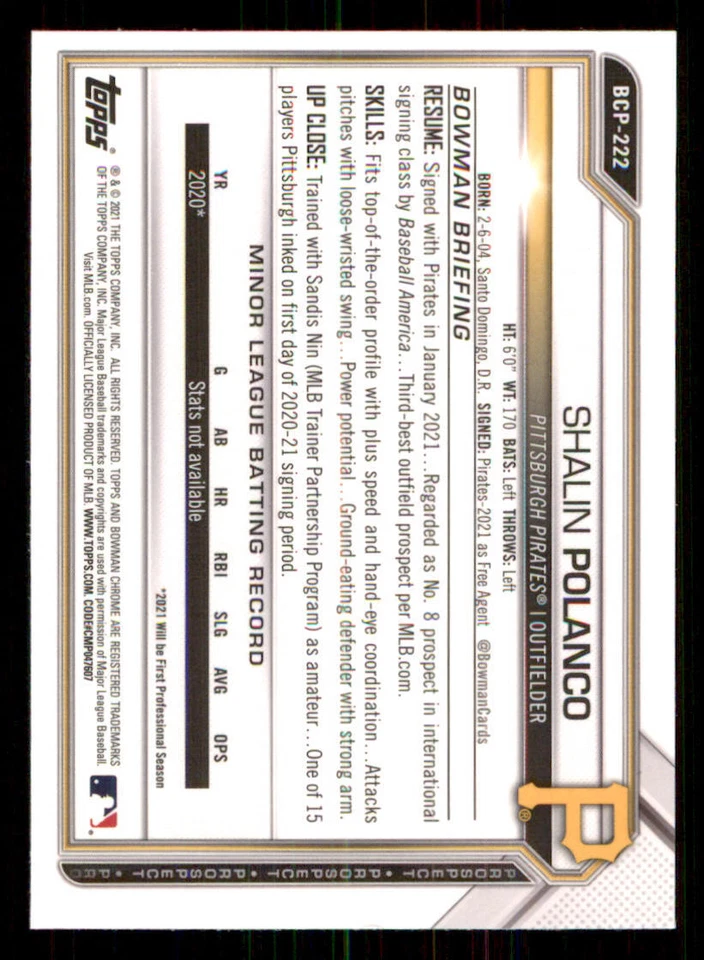 2021 Bowman Chrome Prospects #BCP222 Shalin Polanco - Image 2 of 2