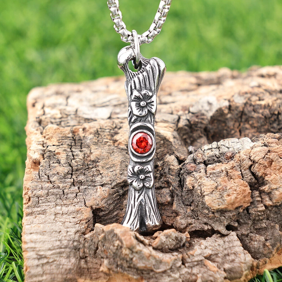 Colgante de hueso para hombre colgante de acero inoxidable collar para hombre ojos rojos plateado Foto 3 de 4
