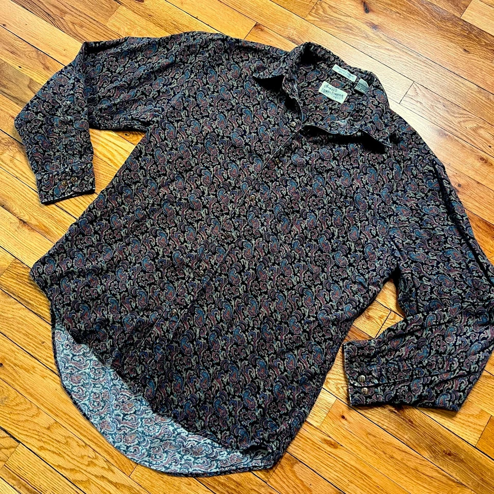 Camisa De Colección Sears and Roebuck Años 90 Paisley Abotonada 100% Algodón Talla Mediana Negra Foto 3 de 4