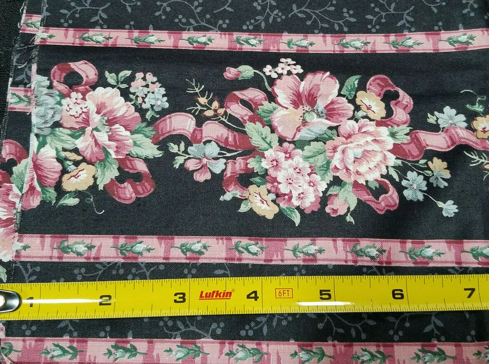 3/8 Yds Sewing Fabric Rayon Black Background Pink Flowers Pink Ribbon Floral - Image 2 of 3