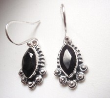 Small Faceted Black Onyx Marquise 925 Sterling Silver Dangle Earrings