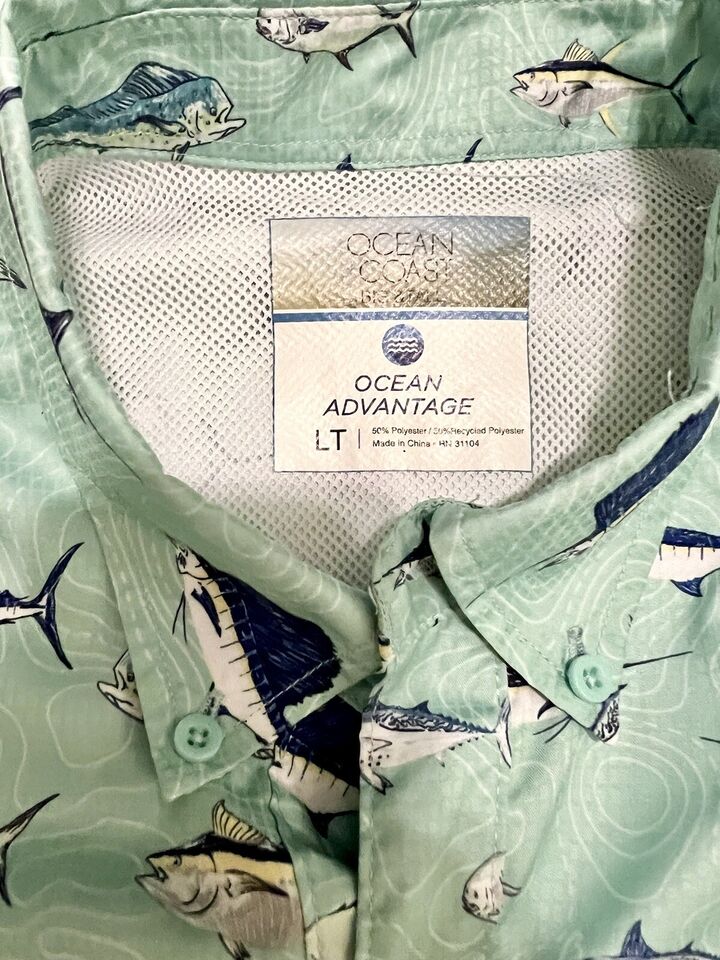 Men’s Ocean Coast Button Up Vented Shirt - Big & Tall LT - Teal w/ Fish ...