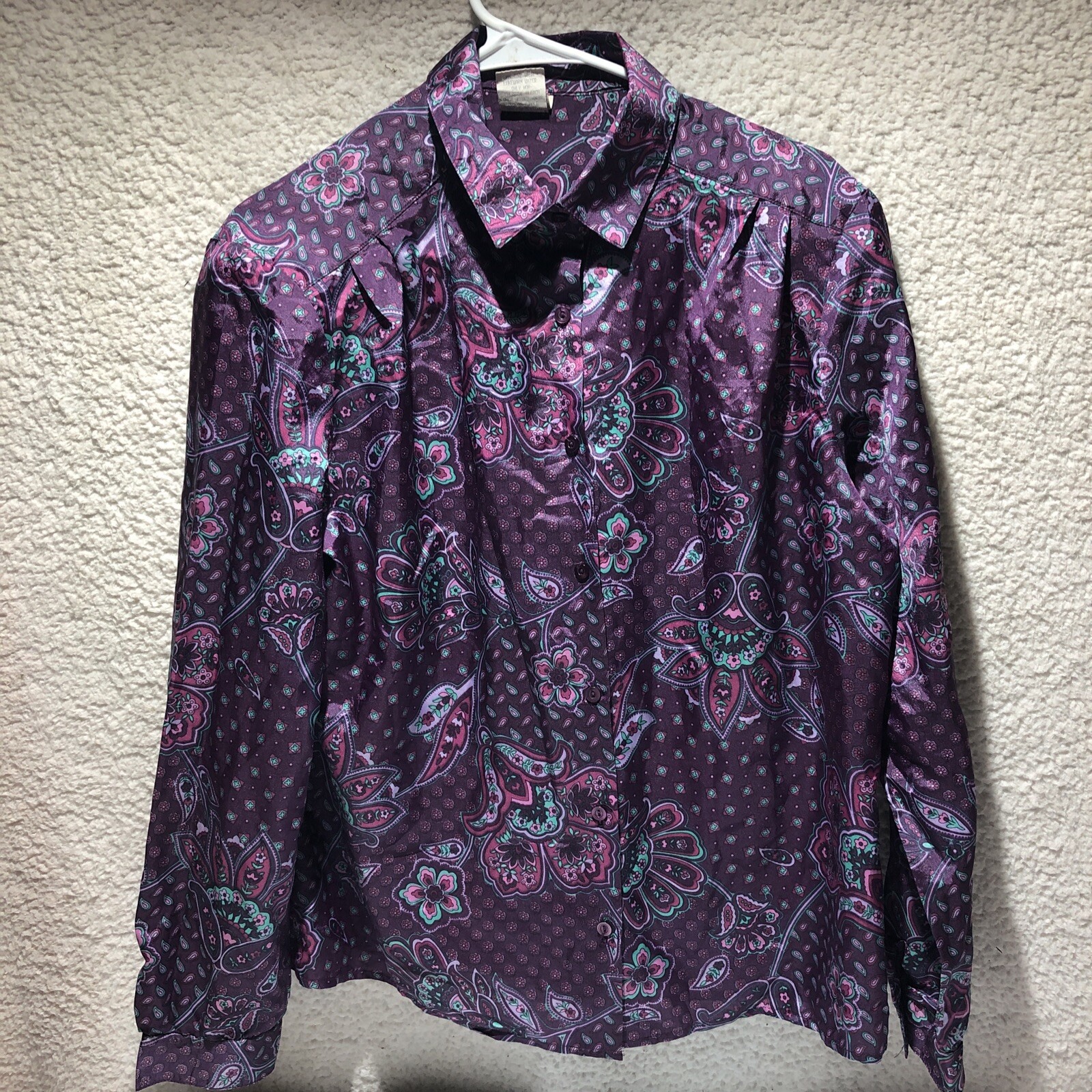 VTG 70's PYKETTES MOD Blouse Top Floral Collar Floral Vivid Purple Womens Size16