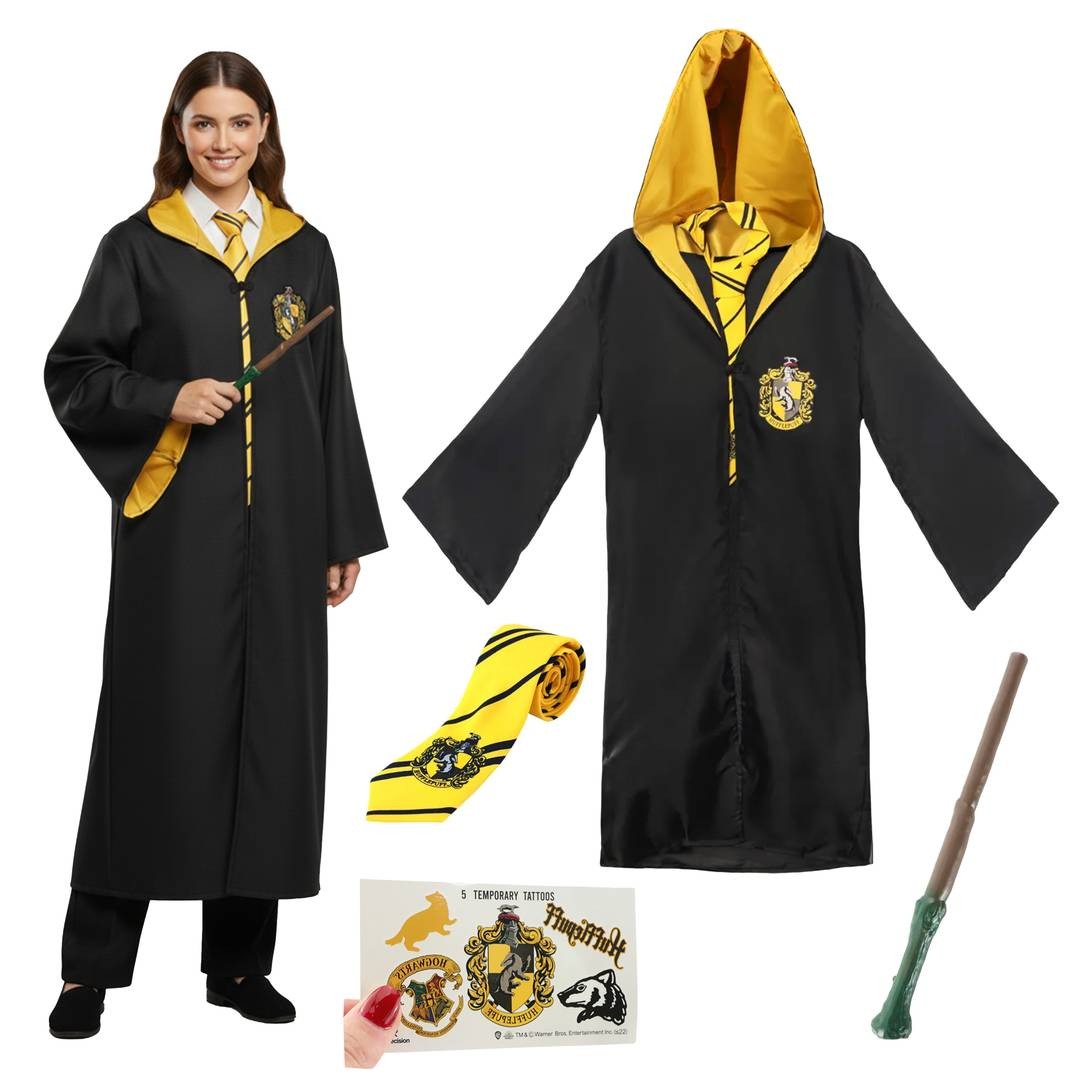 Disfraz Oficial Harry Potter Casa Hufflepuff Bata Corbata Tatuajes Set Día del Libro