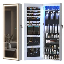 LVSOMT LED Mirror Jewelry Cabinet, Wall/Door Mount Jewelry Armoire/Organizer