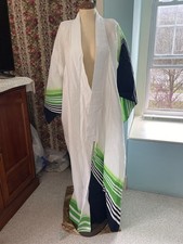 Japanese Summer Kimono White Robe with Green Navy Stripe Accent Linen Cotton
