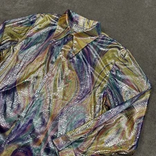 Charades Mens L Vtg Satin Metallic Foil Psychedelic Disco Long Sleeve Button Up