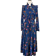 Shein Prairie Cottagecore Long Maxi Dress Size M 6  Blue Floral Pleated Modest