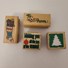Christmas Lot Of 4 Stamps Wood/Rubber Tree Stocking To/From Pre-Owned