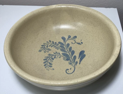 1413 McCoy POTTERY STONEWARE 6.5" CEREAL SOUP BOWL TAN + BROWN SPECKS BLUE LEAF