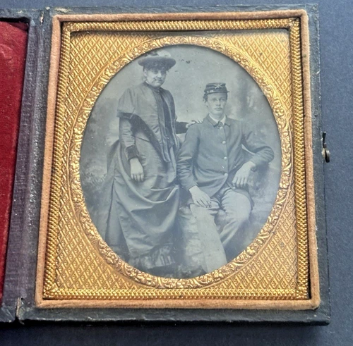 YOUNG MAN IN UNIFORM WITH MOTHER? CASED IMAGE TINTYPE. POST CIVIL WAR.