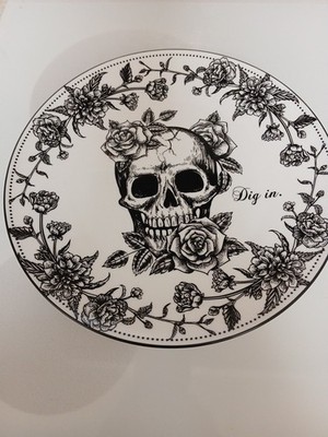 Set of 4 new 10 Strawberry Street Skeleton & Roses Dig In 10 1/2'' Dinner Plates