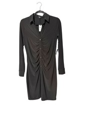 Express Shirt Dress S Black Ruched Front Button Look Stretch New