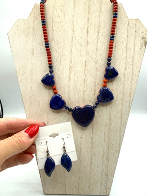 Jay King Red Coral & Lapis Lazuli Reversible Heart Necklace   & EARRINGS SET!