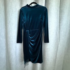 Tahari Velvet Draped Sheath Dress Women Sz 8 Teal Blue Beaded Fringe Mock Neck