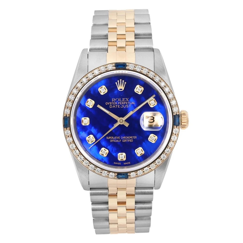 Rolex Datejust 36 mm oro 18k acero personalizado diamante azul esfera MOP reloj para hombres 16233