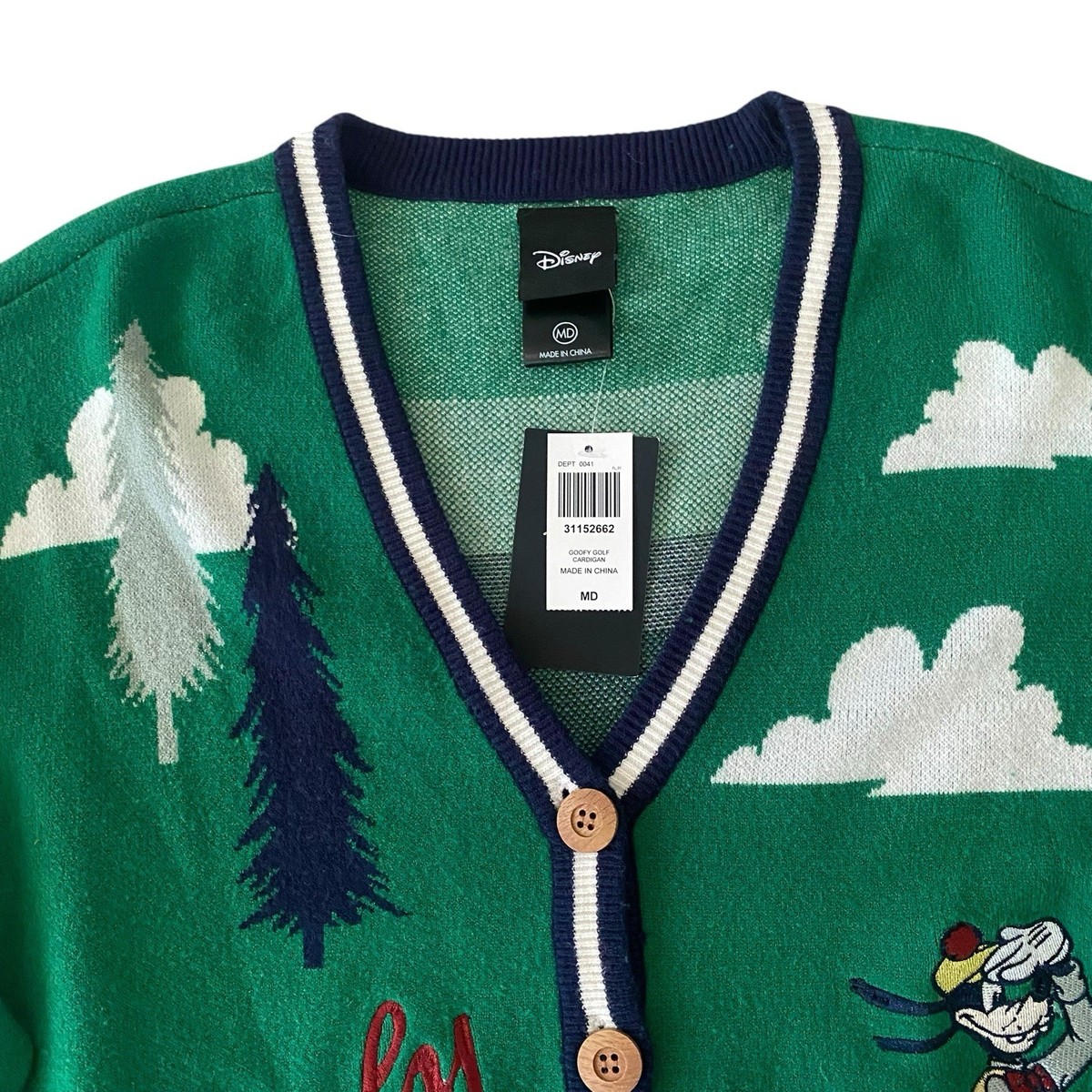 Disney Goofy Golf Cardigan Green Knit Embroidered Sweater