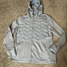 ASICS Jacket Womens Medium Blue Hooded Full Zip Quilted Chest Running Thumbholes