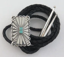 Rectangular Sterling Silver & Turquoise Radiant Stamped Southwestern Bolo Tie