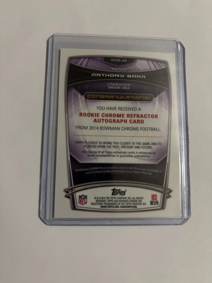 2014 Bowman Chrome - Rookie Refractor Autographs Anthony Barr #RCRA-AB Vikings - Image 2 of 2