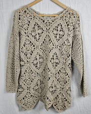 Vintage Crochet Open Knit Sweater M/L Beige Flowers Cottagecore Beach Cover-up