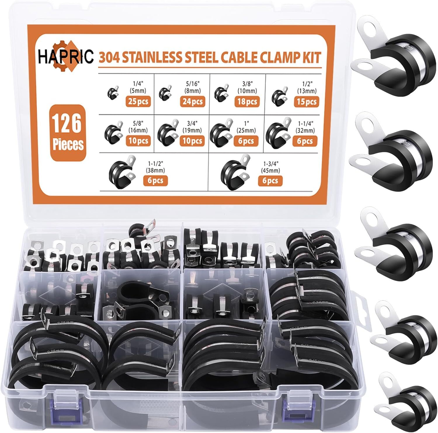 126 Pcs 10 Sizes Cable Clamps Assortment Kit 1/4