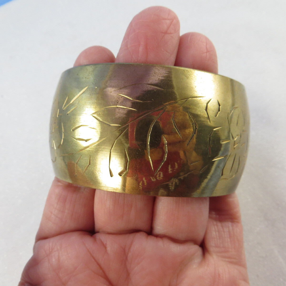 WIDE Vintage Solid Brass Bangle Bracelet Etchings… - image 3