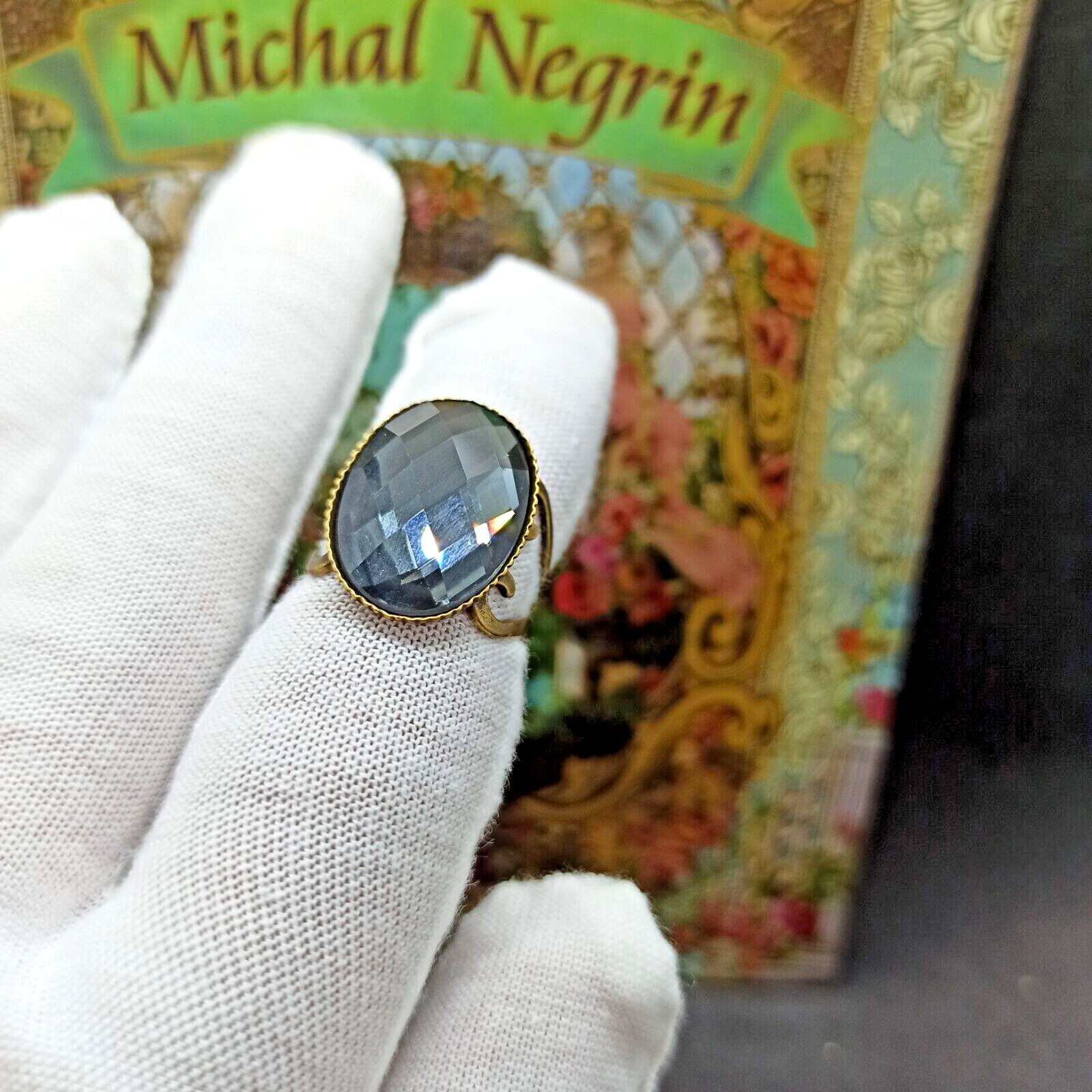 Michal Negrin Ring Oval Cocktail Gray Glass Crystal Cabochon Retro New Gift Box