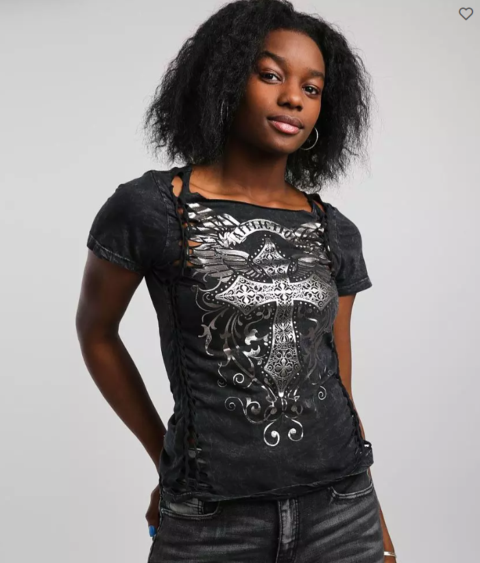 New Women's Affliction Brielle Lava Washed Lace SS Tee Black T