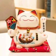 Fortune Cat with Waving Arm Ceramic ManekI Neko Feng Shui Ornament Lucky